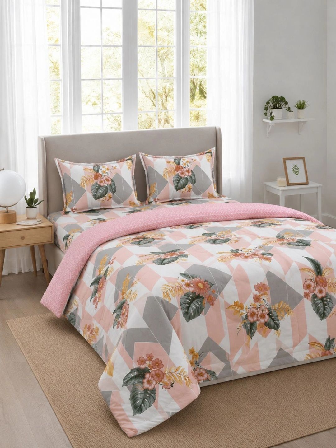 Florida Peach-Coloured & Pink Floral Polycotton 4 Piece Double Queen Fine Bedding Set-picture-46