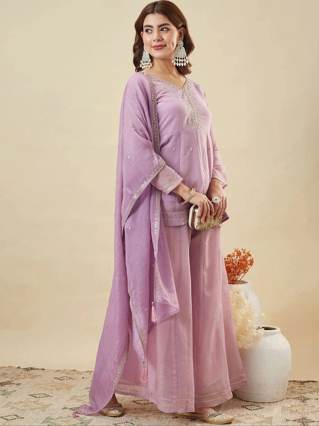 KSUT Women Ethnic Motifs Embroidered Empire Silk Chiffon Kurta with Palazzos & With Dupatta-picture-13