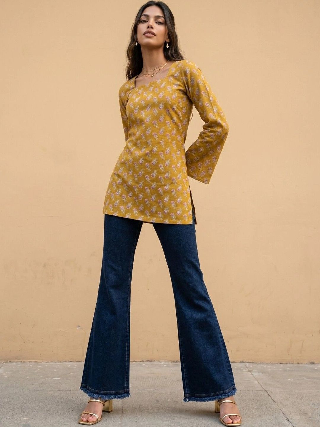 fusion by glitchez Floral Printed Square Neck Kurti-picture-42