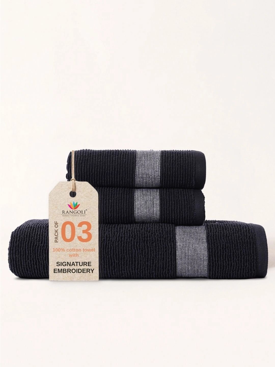 RANGOLI Black & Grey 3 Piece Cotton 400 GSM Towel Set-picture-35