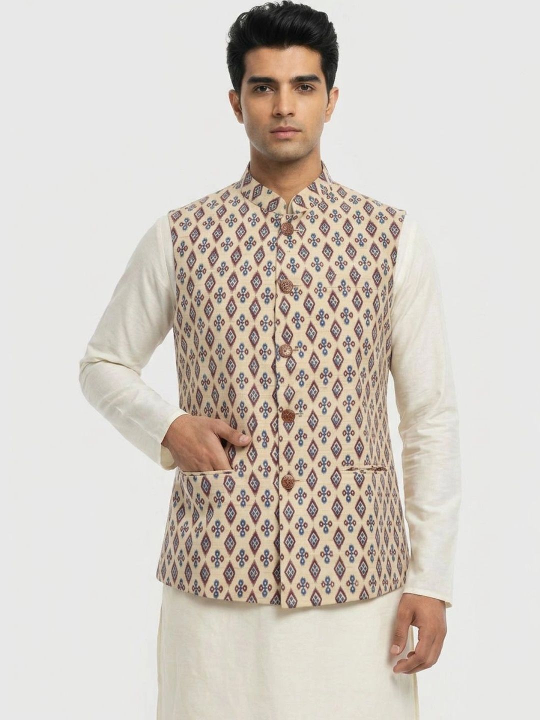 Sanman Ethnix by Raymond Men Open Printed Front Nehru Jackets
