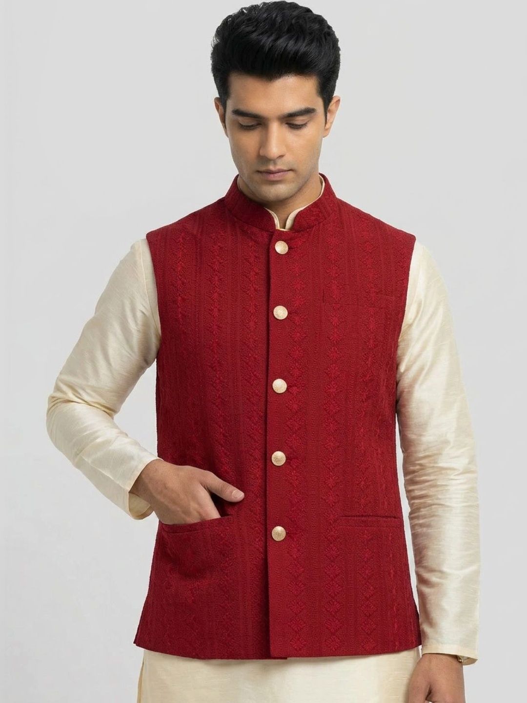Sanman Ethnix by Raymond Men Embroidered Open Front Nehru Jackets