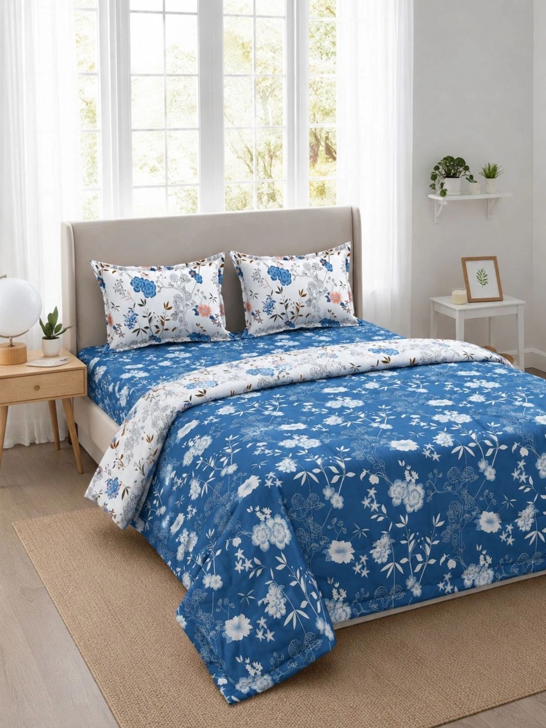 Florida Blue & White Floral Polycotton 4 Piece Double Queen Fine Bedding Set-image-31