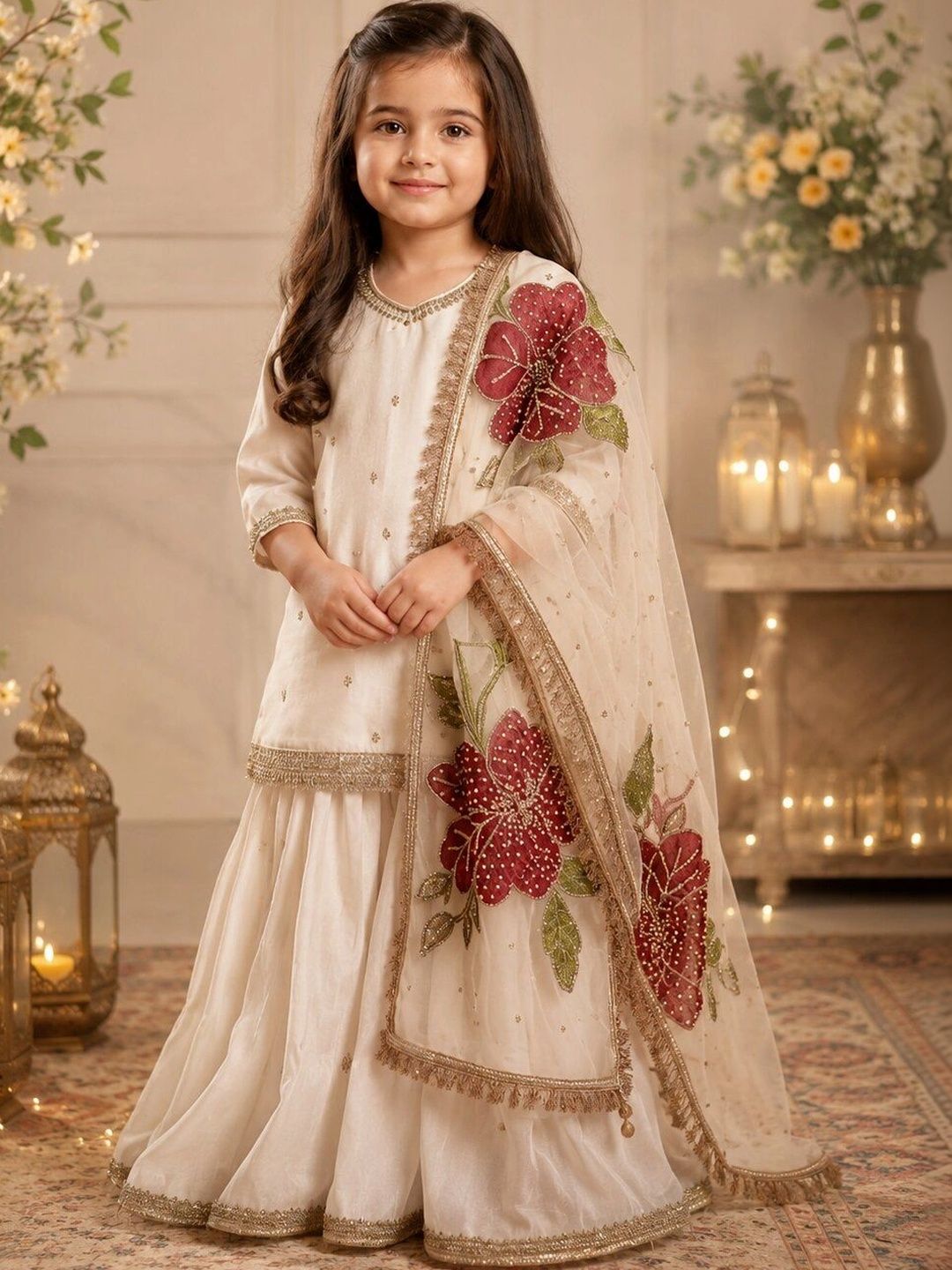 Sangria Girls Floral Embroidered Regular Pure Silk Kurta with Sharara & With Dupatta-picture-23