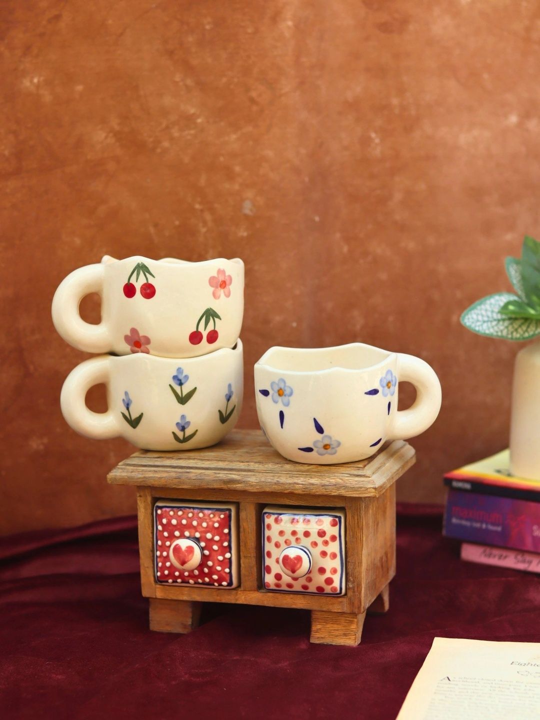 WEAVING HOMES White & Red Handcrafted and Hand Painted Printed Ceramic Glossy Mugs Set of Cups and Mugs-picture-45