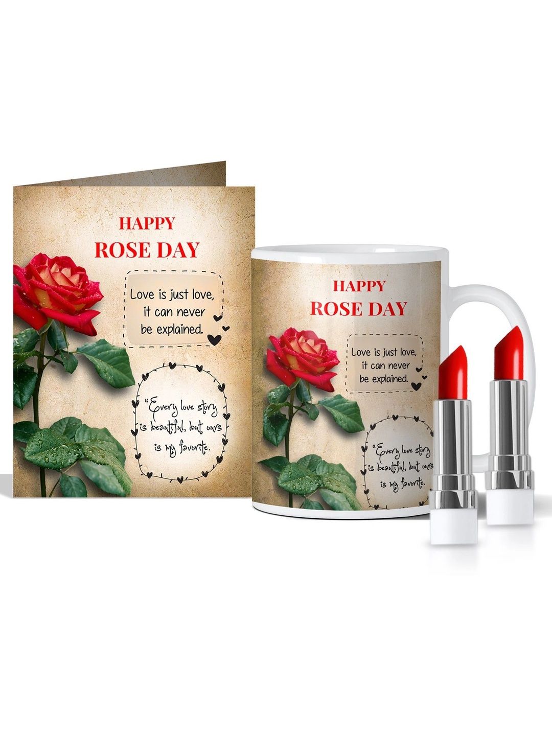 GIFT MY PASSION 4-Pcs Beige & Red Rose Day Greeting Card & Mug with Lipstick Gift Set-picture-14