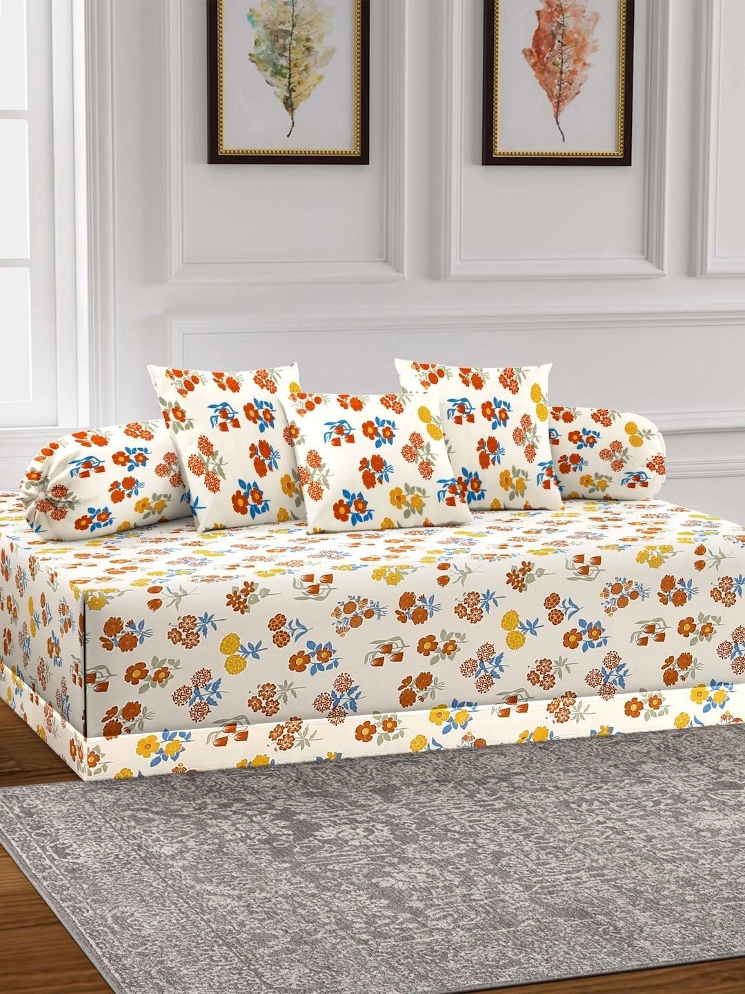 Myntra Elegant Homes 6-Pcs Cream Printed Bedsheet With Bolster & Cushion Covers-picture-11