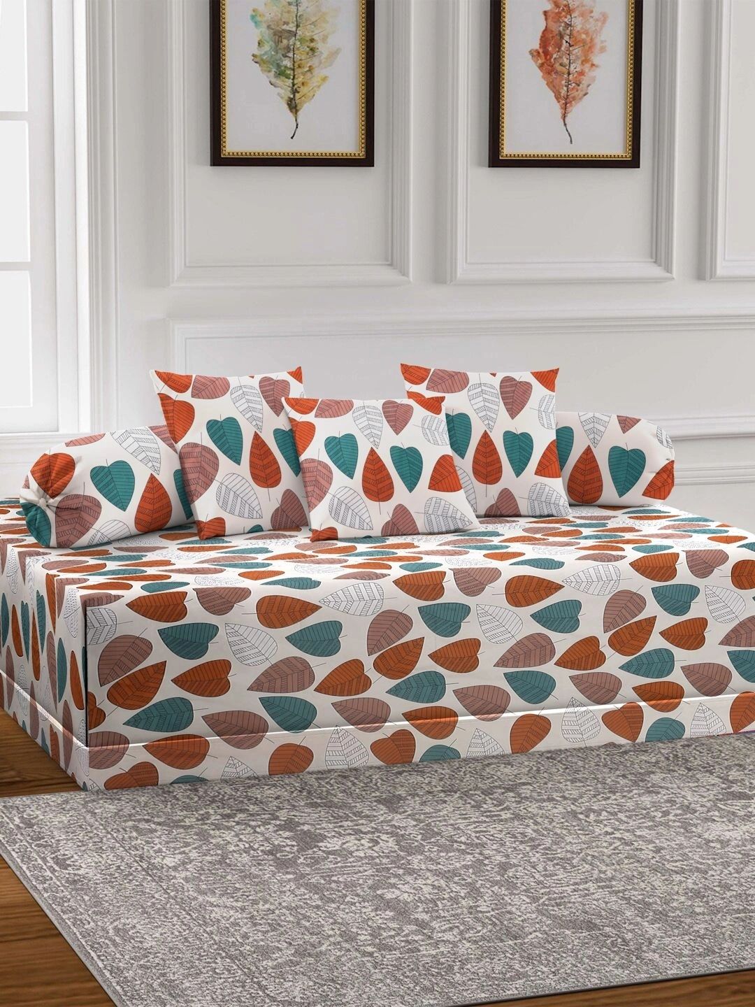 Myntra Elegant Homes 6-Pcs White & Teal Printed Bedsheet With Bolster & Cushion Covers-picture-54