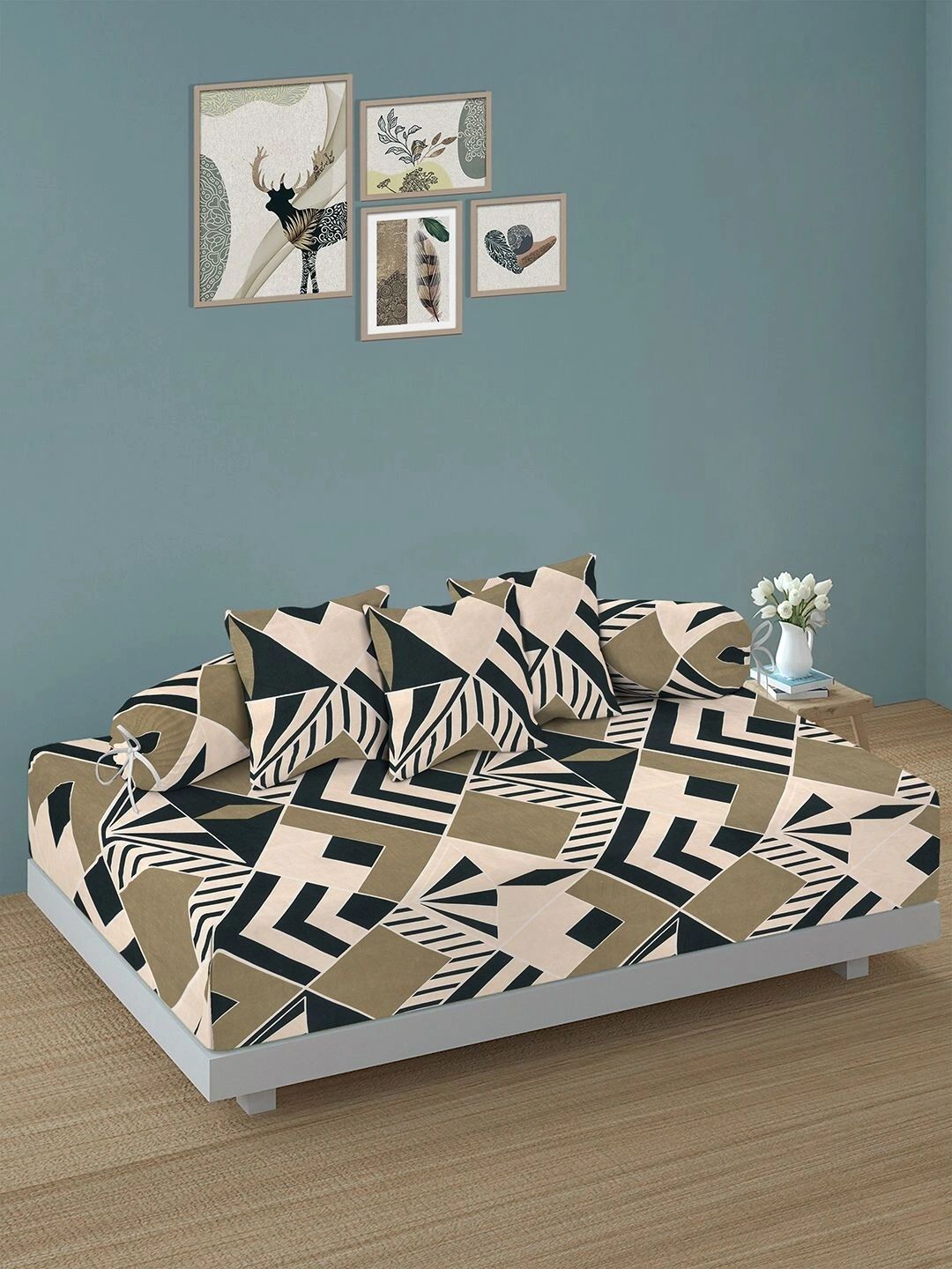 Myntra Elegant Homes 6-Pcs Cream Printed Bedsheet With Bolster & Cushion Covers-picture-12
