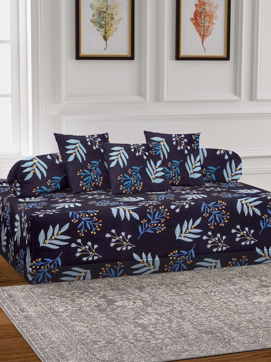 Myntra Elegant Homes 6-Pcs Black & Blue Printed Bedsheet With Bolster & Cushion Covers-picture-12