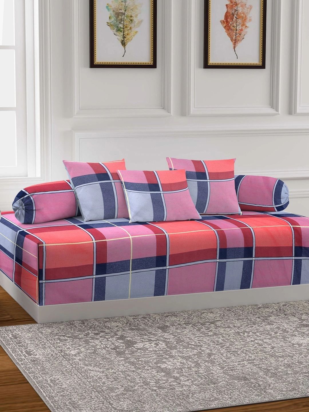 Myntra Elegant Homes 6-Pcs Pink & Blue Printed Bedsheet With Bolster & Cushion Covers-picture-55