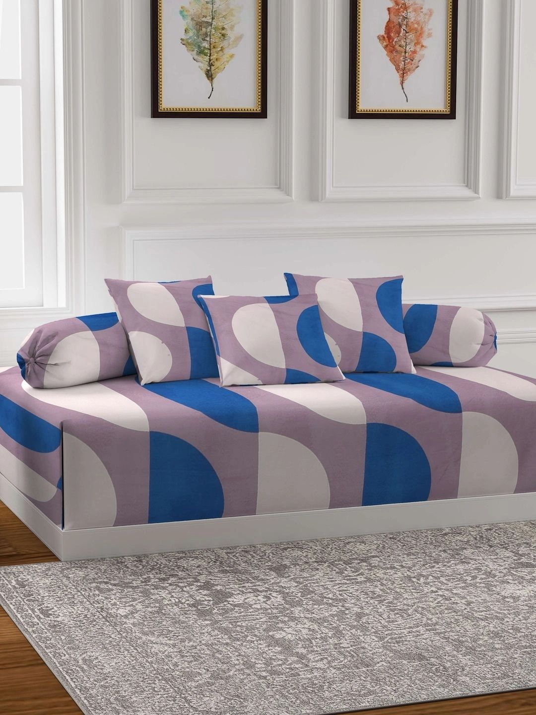 Myntra Elegant Homes 6-Pcs Mauve & Blue Printed Bedsheet With Bolster & Cushion Covers-picture-57