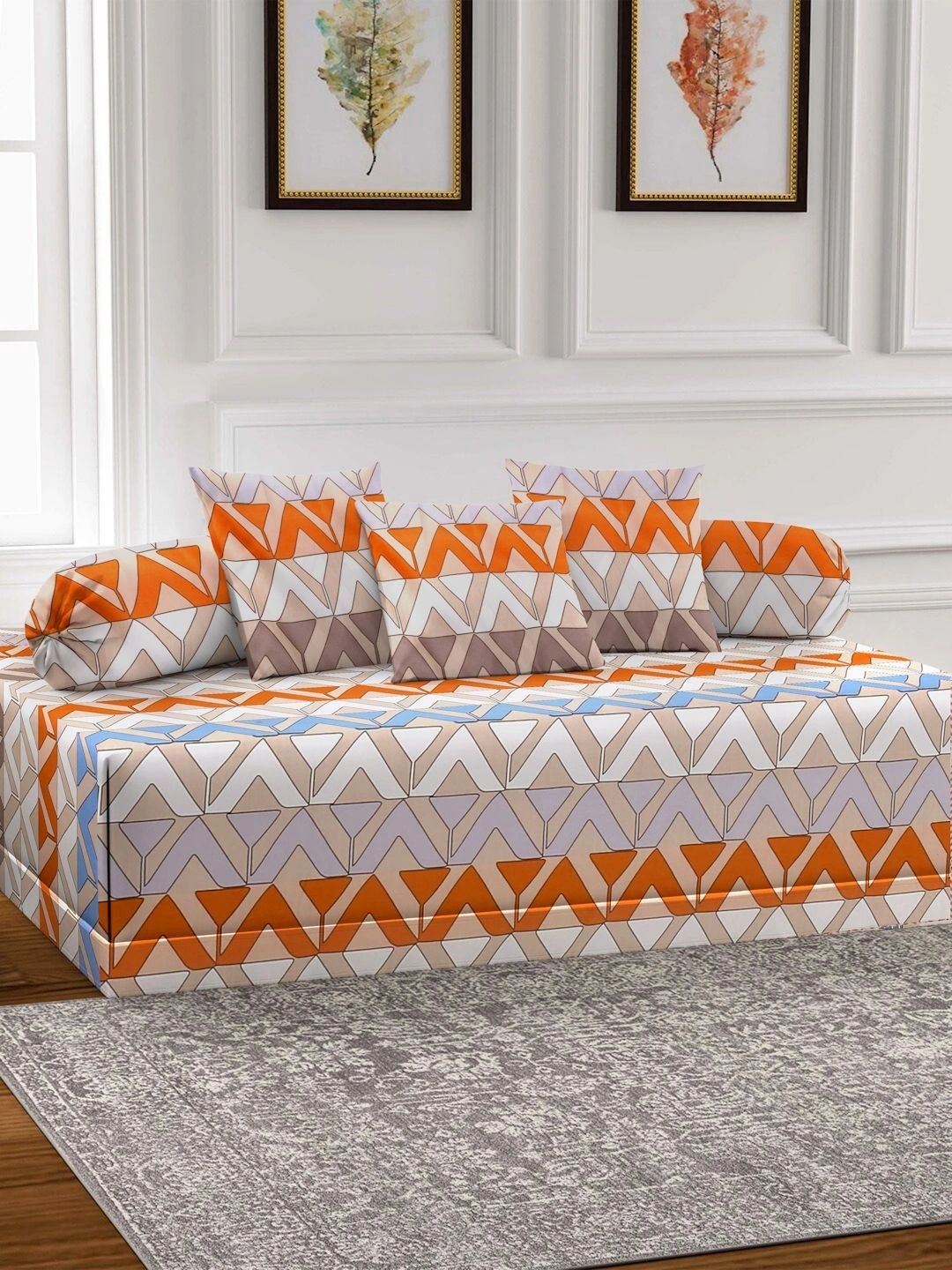 Myntra Elegant Homes 6-Pcs Orange & Brown Printed Bedsheet With Bolster & Cushion Covers-picture-24