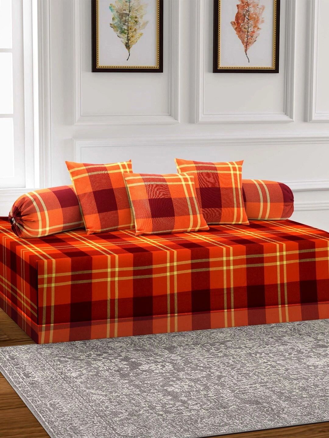 Myntra Elegant Homes 6-Pcs Orange & Red Printed Bedsheet With Bolster & Cushion Covers-picture-42