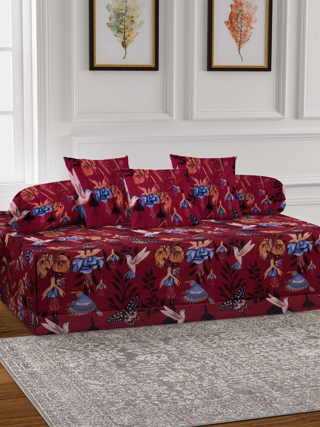 Myntra Elegant Homes 6-Pcs Maroon & Blue Printed Bedsheet With Bolster & Cushion Covers-image-35
