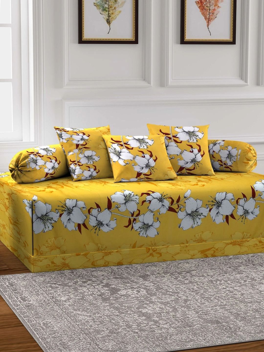 Myntra Elegant Homes 6-Pcs Yellow & White Printed Bedsheet With Bolster & Cushion Covers-picture-25