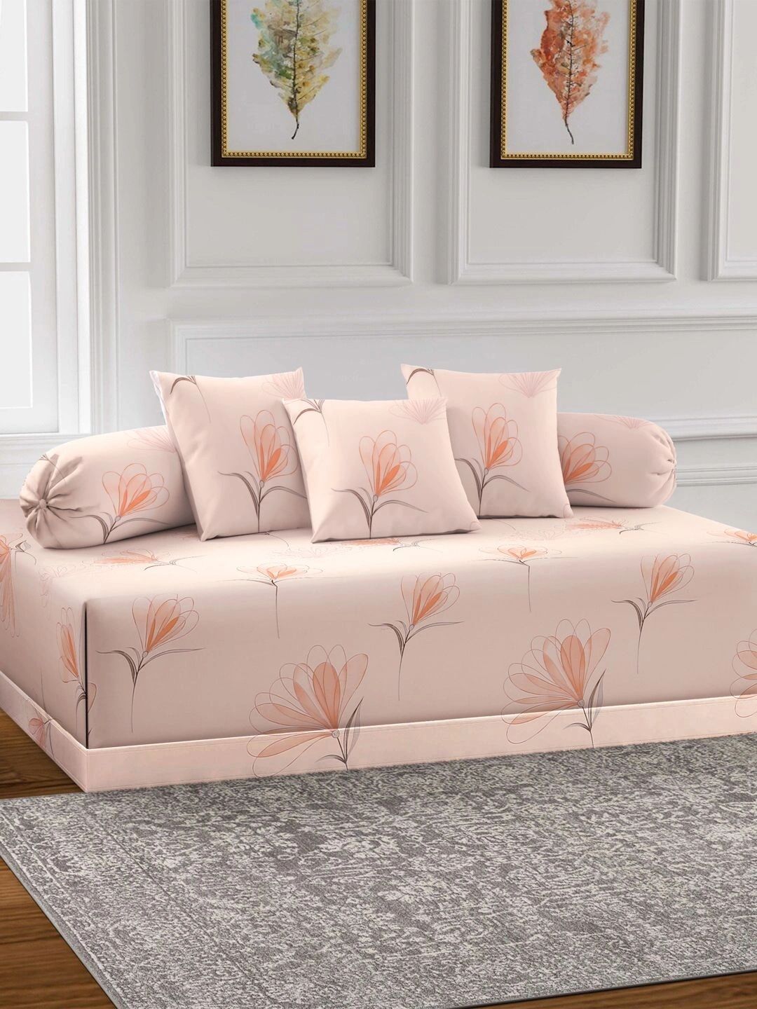 Myntra Elegant Homes 6-Pcs Peach Printed Bedsheet With Bolster & Cushion Covers-picture-36