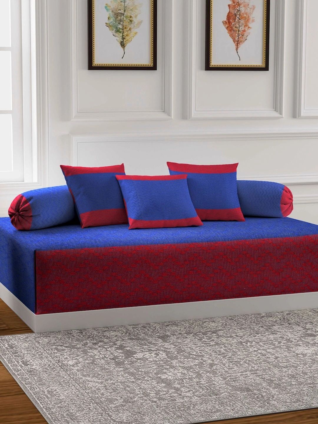 Myntra Elegant Homes 6-Pcs Red & Blue Printed Bedsheet With Bolster & Cushion Covers-picture-13