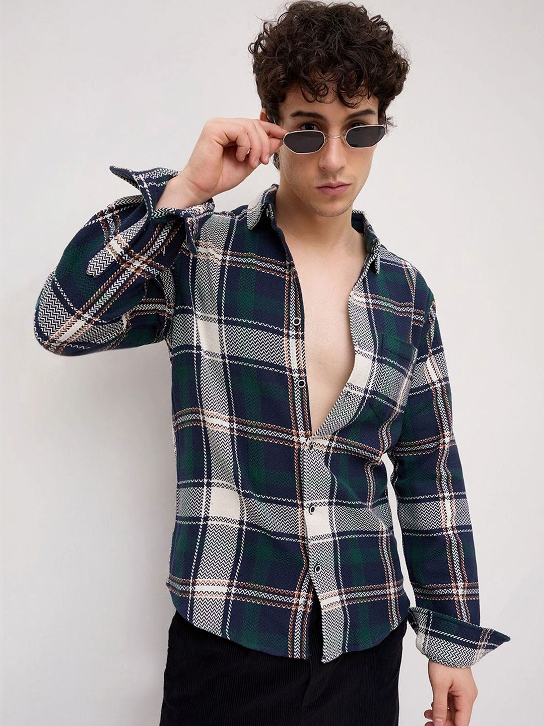 VASTRADO Navy Tweed Checks Tartan Checkered Flannel Shirt-picture-12