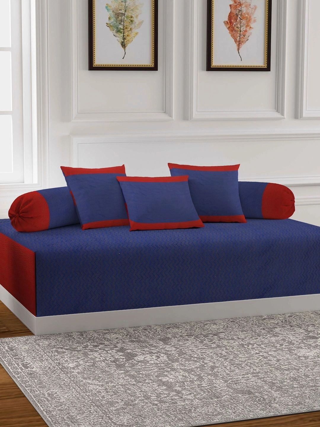 Myntra Elegant Homes 6-Pcs Red & Blue Printed Bedsheet With Bolster & Cushion Covers-picture-14