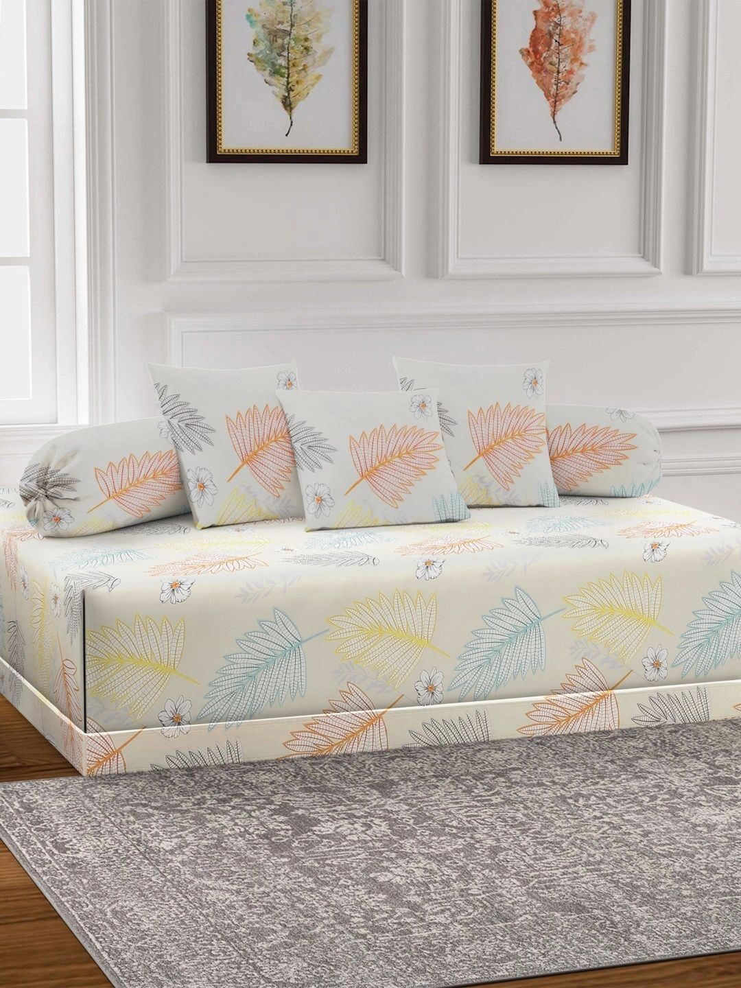 Myntra Elegant Homes 6-Pcs Cream Printed Bedsheet With Bolster & Cushion Covers-picture-13