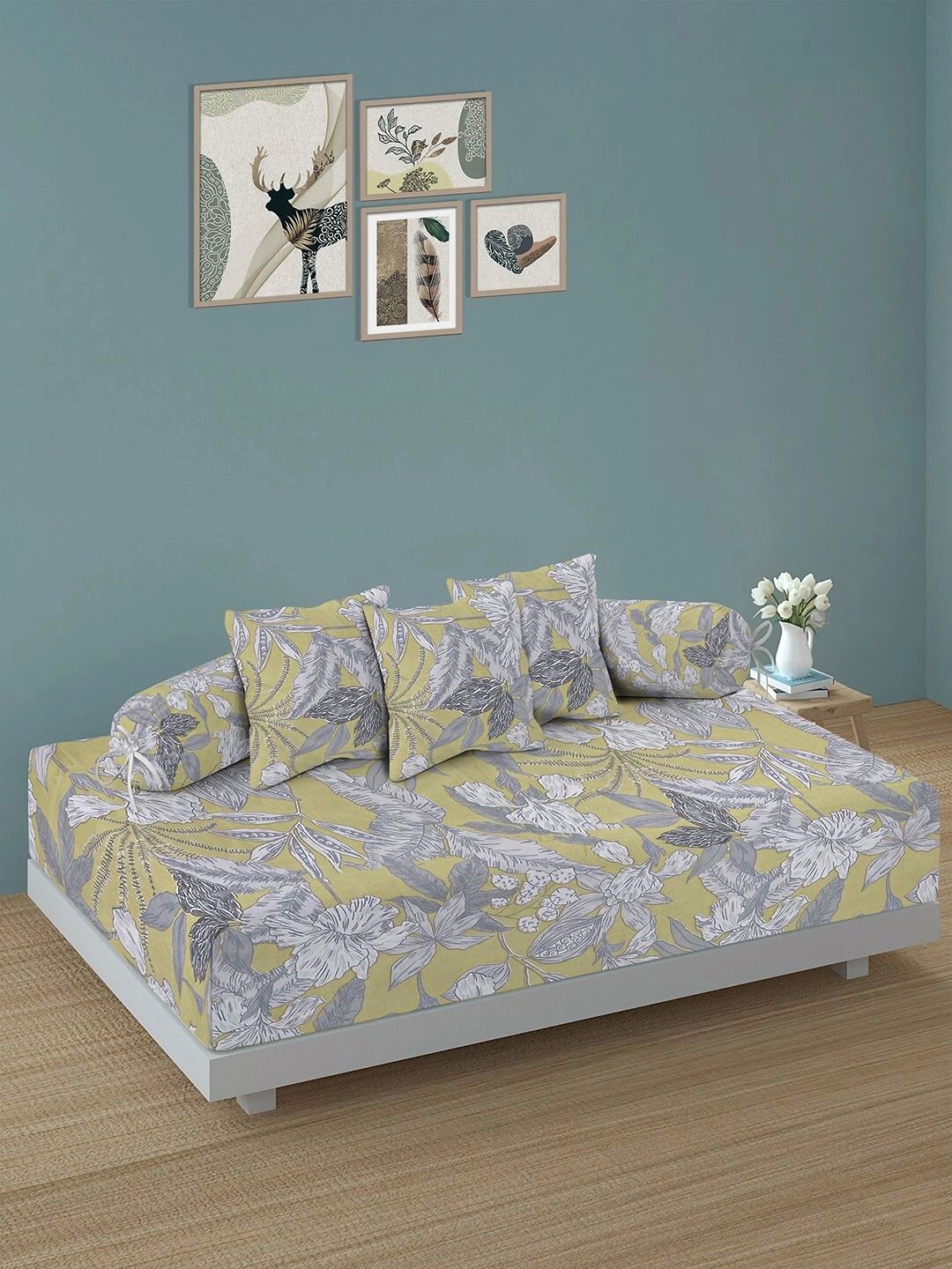 Myntra Elegant Homes 6-Pcs Olive Printed Bedsheet With Bolster & Cushion Covers-picture-45
