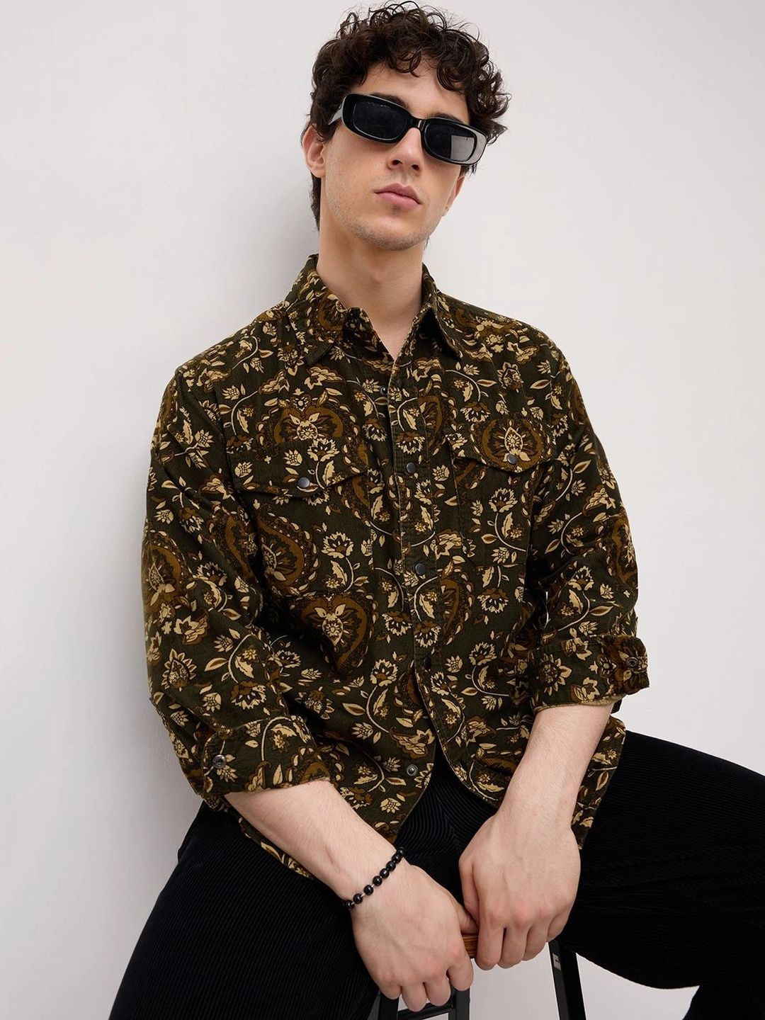 VASTRADO Olive Floral Paisley Printed Double Pocket Corduroy Shirt-picture-34