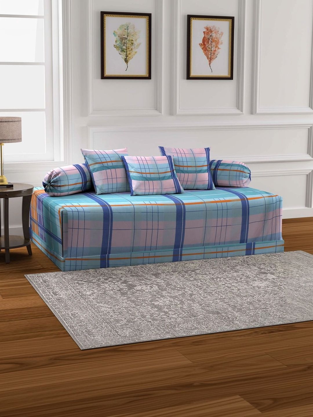 Myntra Elegant Homes 6-Pcs Pink & Blue Printed Bedsheet With Bolster & Cushion Covers-picture-58
