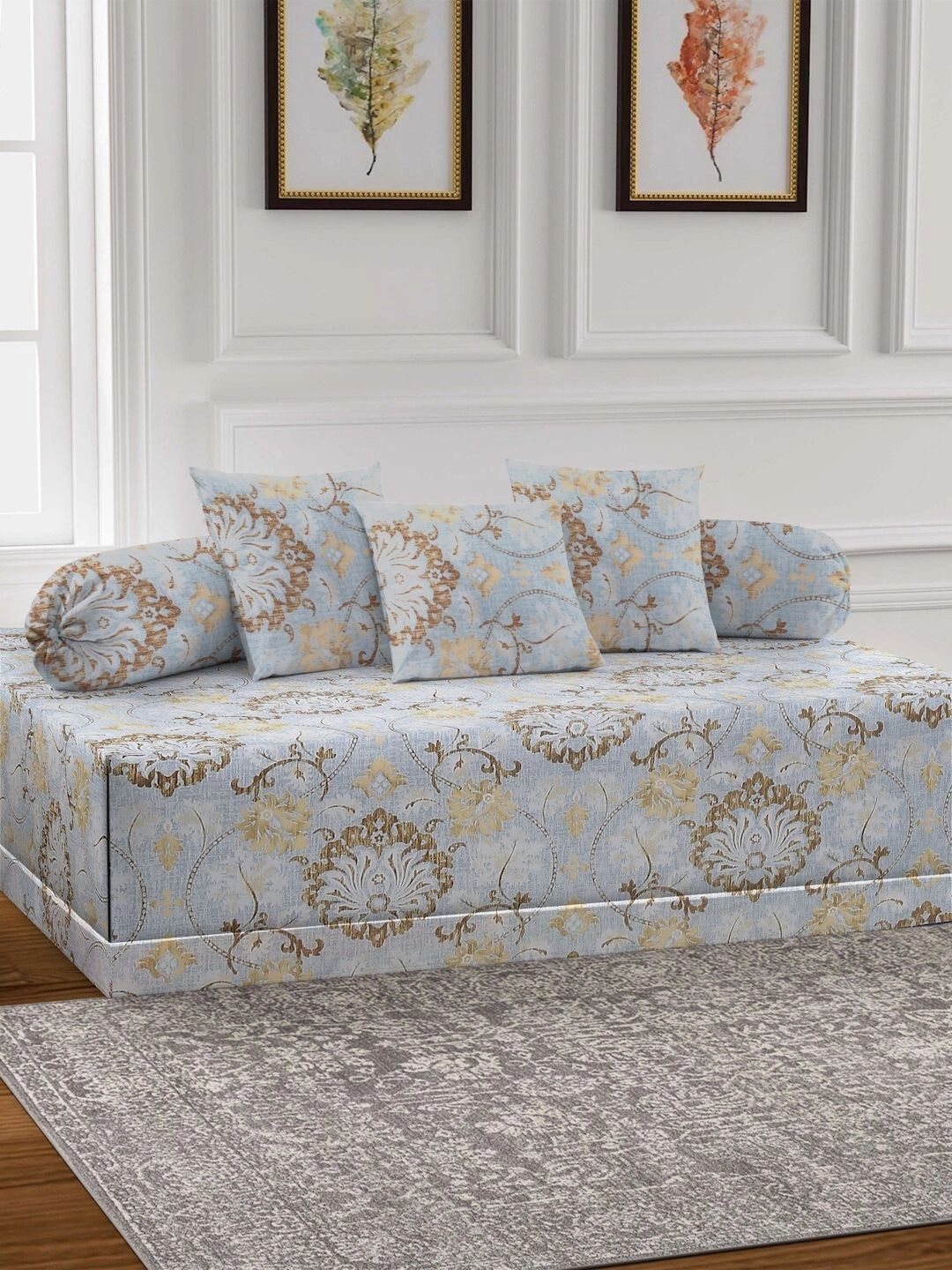 Myntra Elegant Homes 6-Pcs Blue & Brown Printed Bedsheet With Bolster & Cushion Covers-picture-56
