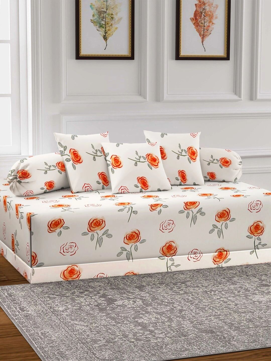Myntra Elegant Homes 6-Pcs Cream Printed Bedsheet With Bolster & Cushion Covers-picture-15