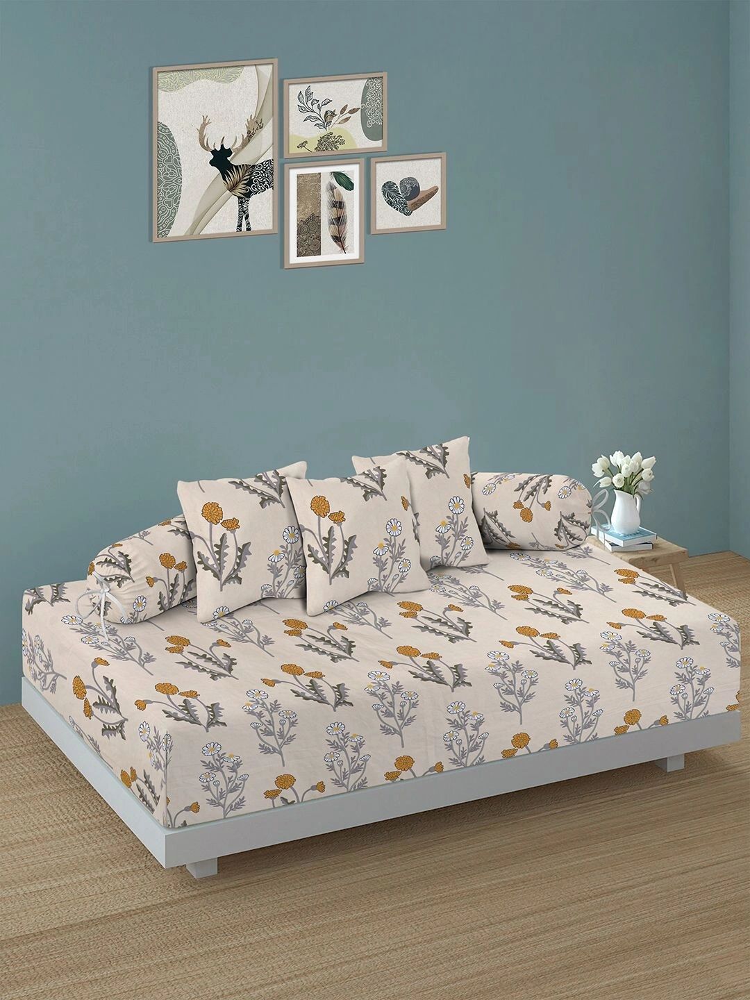 Myntra Elegant Homes 6-Pcs Cream Printed Bedsheet With Bolster & Cushion Covers-image-31