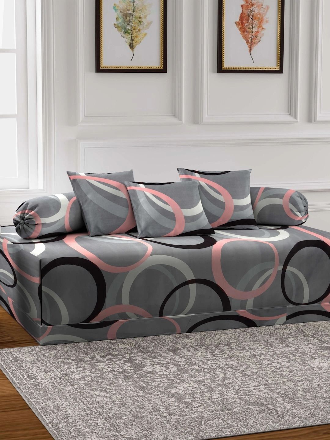 Myntra Elegant Homes 6-Pcs Grey Printed Bedsheet With Bolster & Cushion Covers-image-37