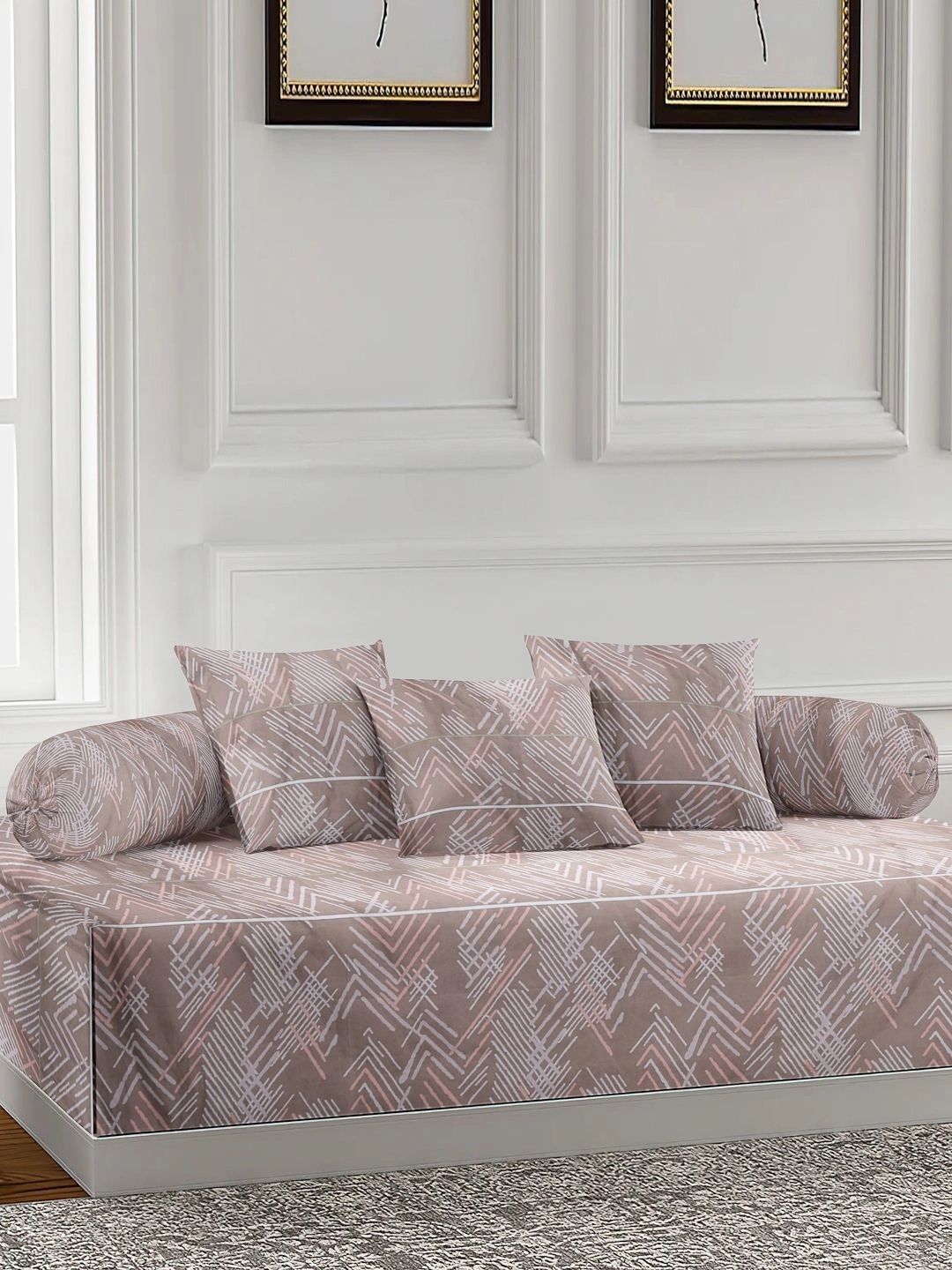 Myntra Elegant Homes 6-Pcs Beige & White Printed Bedsheet With Bolster & Cushion Covers-picture-57