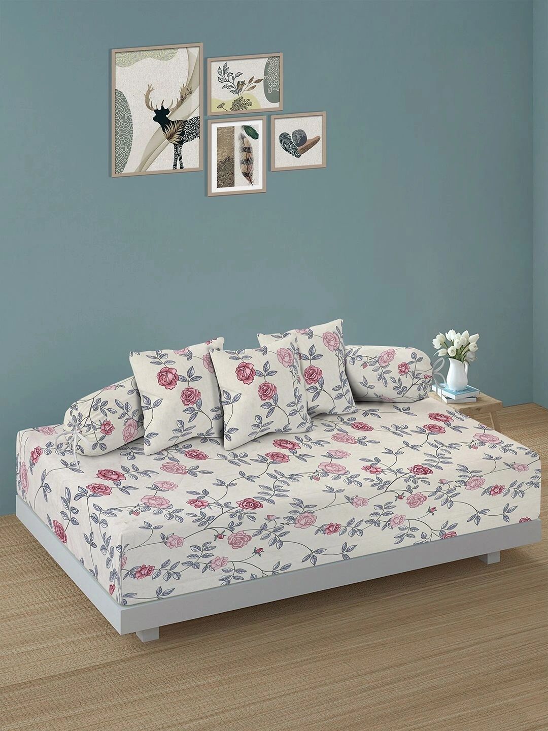 Myntra Elegant Homes 6-Pcs White Printed Bedsheet With Bolster & Cushion Covers-picture-31
