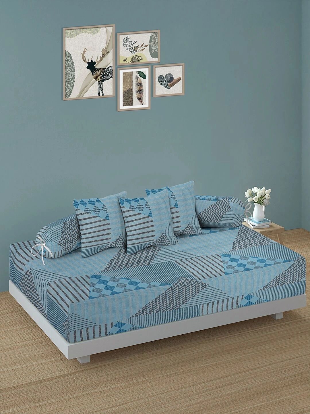 Myntra Elegant Homes 6-Pcs Blue Printed Bedsheet With Bolster & Cushion Covers-picture-26