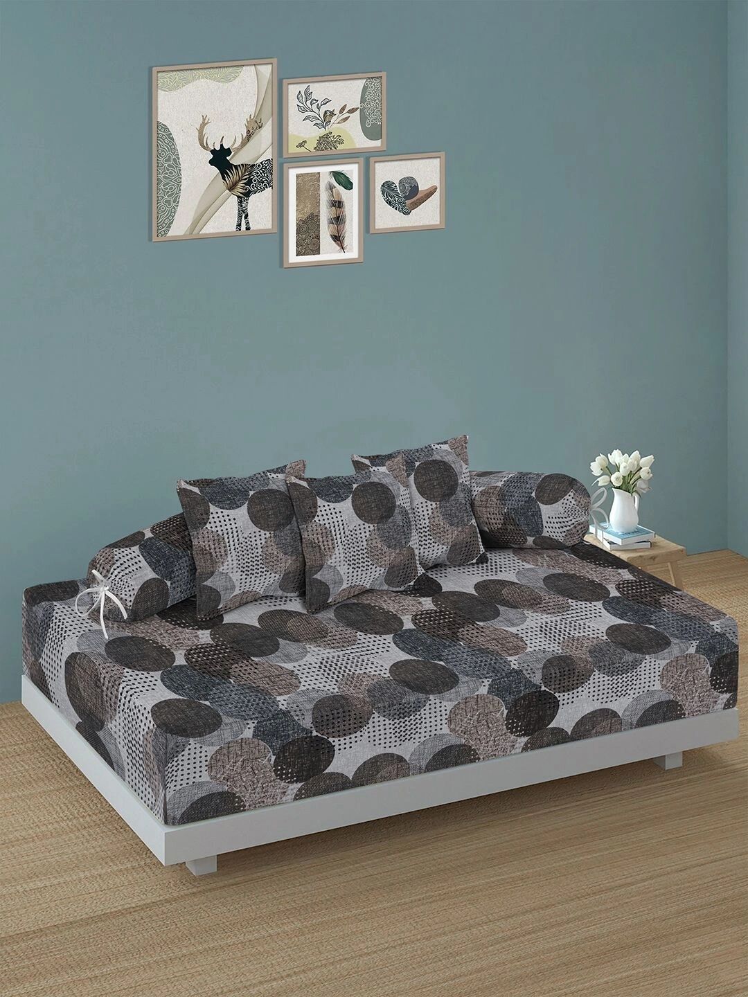 Myntra Elegant Homes 6-Pcs Grey Printed Bedsheet With Bolster & Cushion Covers-picture-18