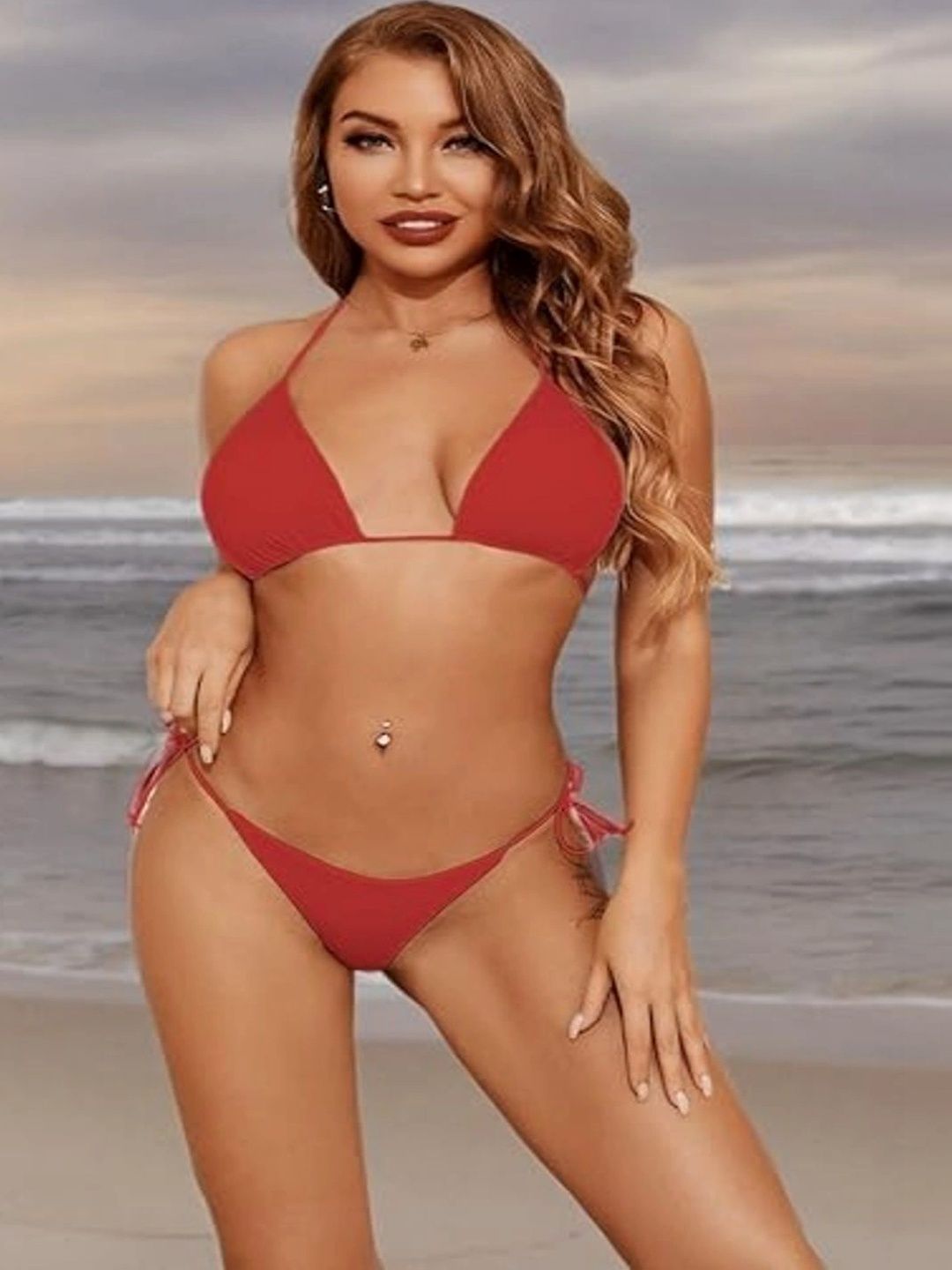 Lilosy Orange Solid Nylon Swim Bikini Set-image-33