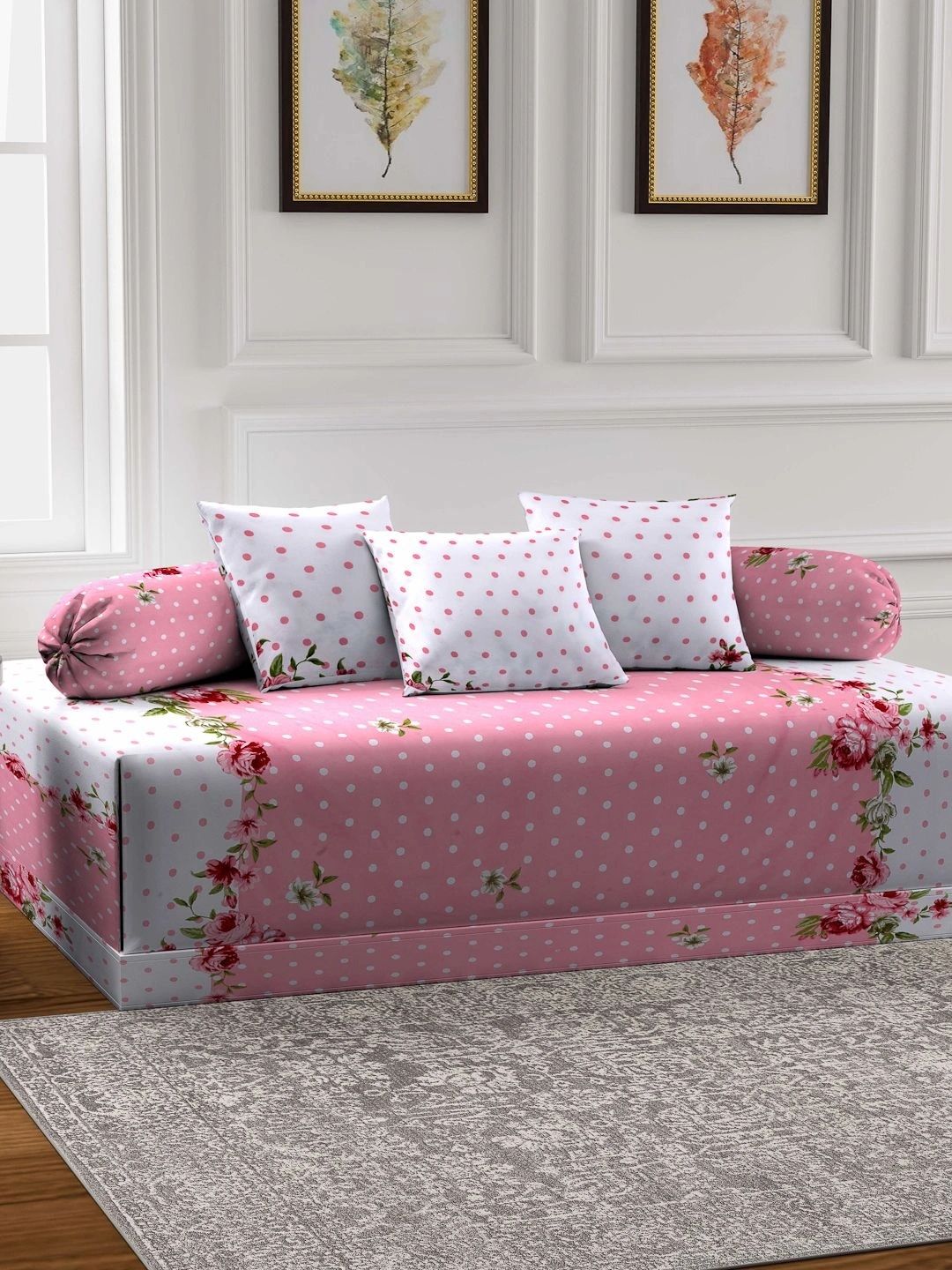 Myntra Elegant Homes 6-Pcs Pink Printed Bedsheet With Bolster & Cushion Covers-picture-11