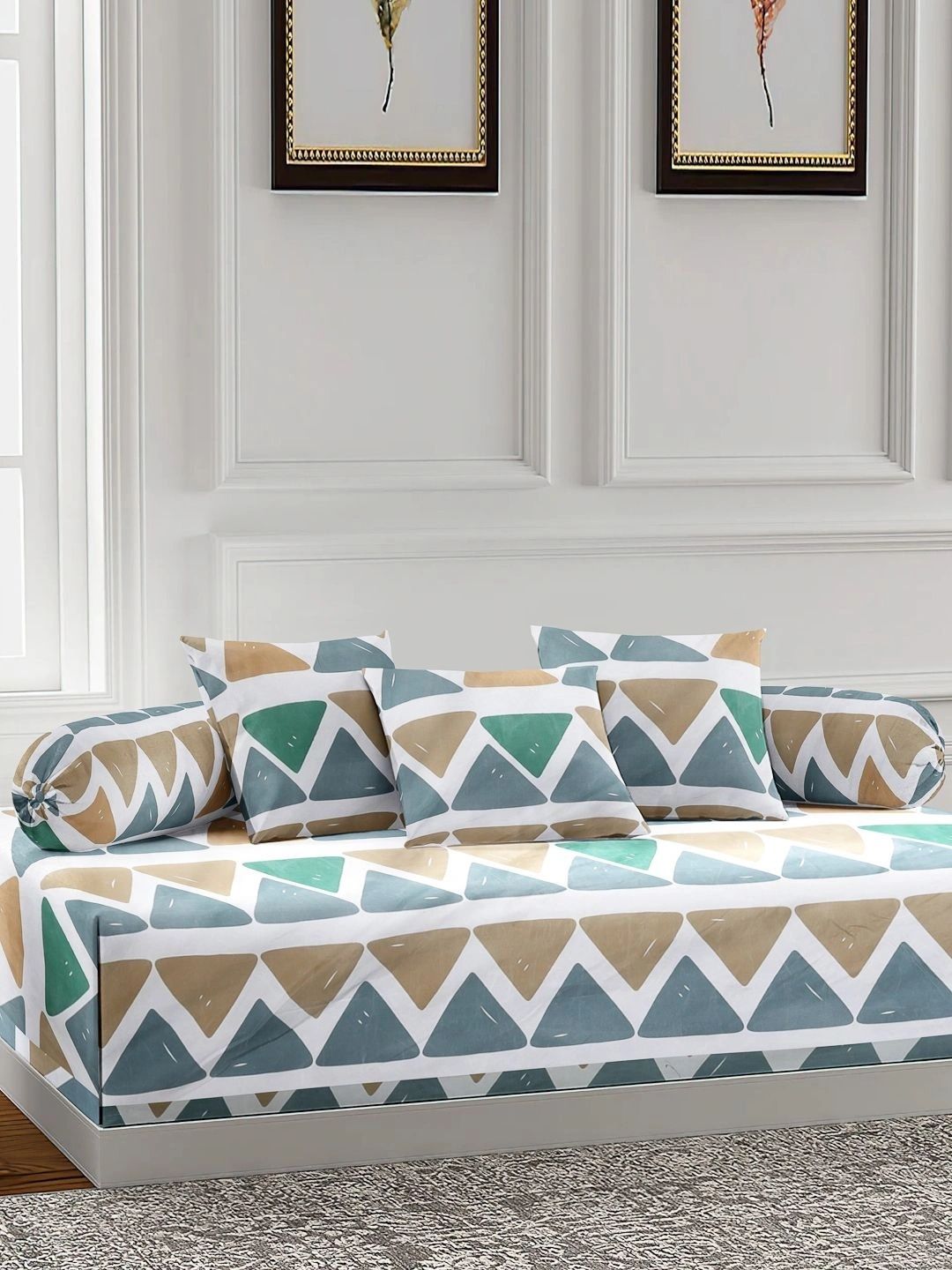 Myntra Elegant Homes 6-Pcs Beige & Teal Printed Bedsheet With Bolster & Cushion Covers-image-16