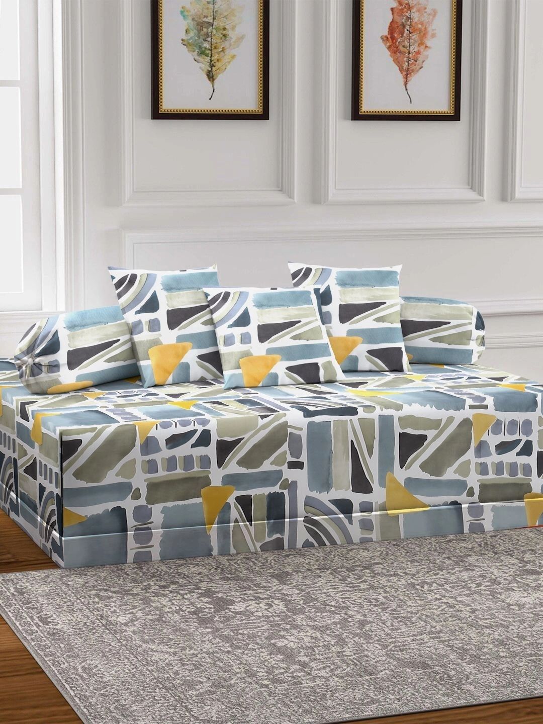 Myntra Elegant Homes 6-Pcs Yellow & Grey Printed Bedsheet With Bolster & Cushion Covers-image-24