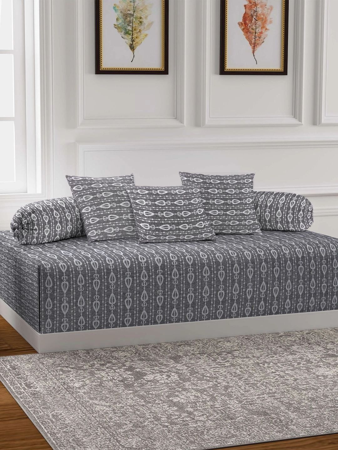 Myntra Elegant Homes 6-Pcs Grey Printed Bedsheet With Bolster & Cushion Covers-image-33