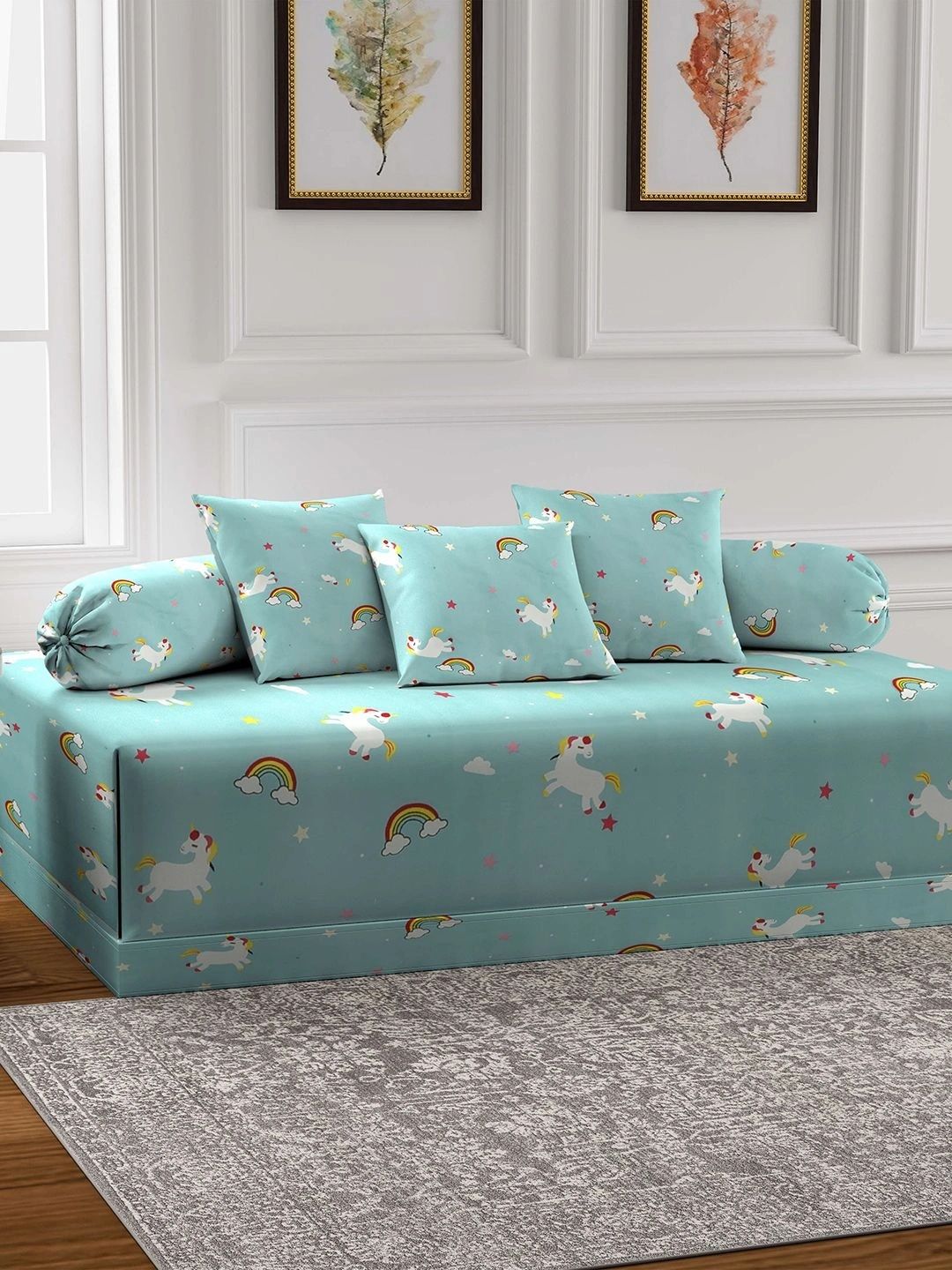 Myntra Elegant Homes 6-Pcs Green Printed Bedsheet With Bolster & Cushion Covers-picture-10