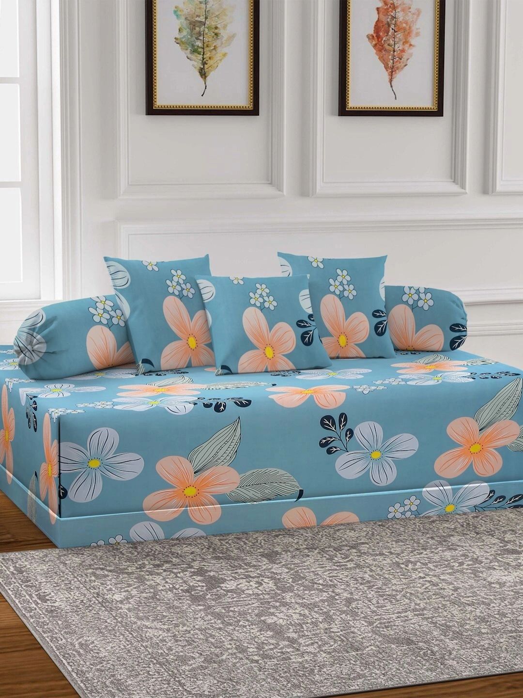 Myntra Elegant Homes 6-Pcs Blue Printed Bedsheet With Bolster & Cushion Covers-image-33