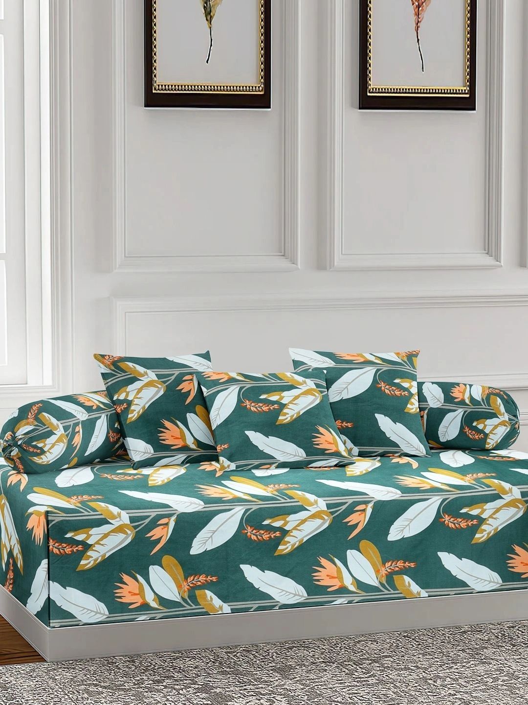 Myntra Elegant Homes 6-Pcs Green Printed Bedsheet With Bolster & Cushion Covers-picture-30