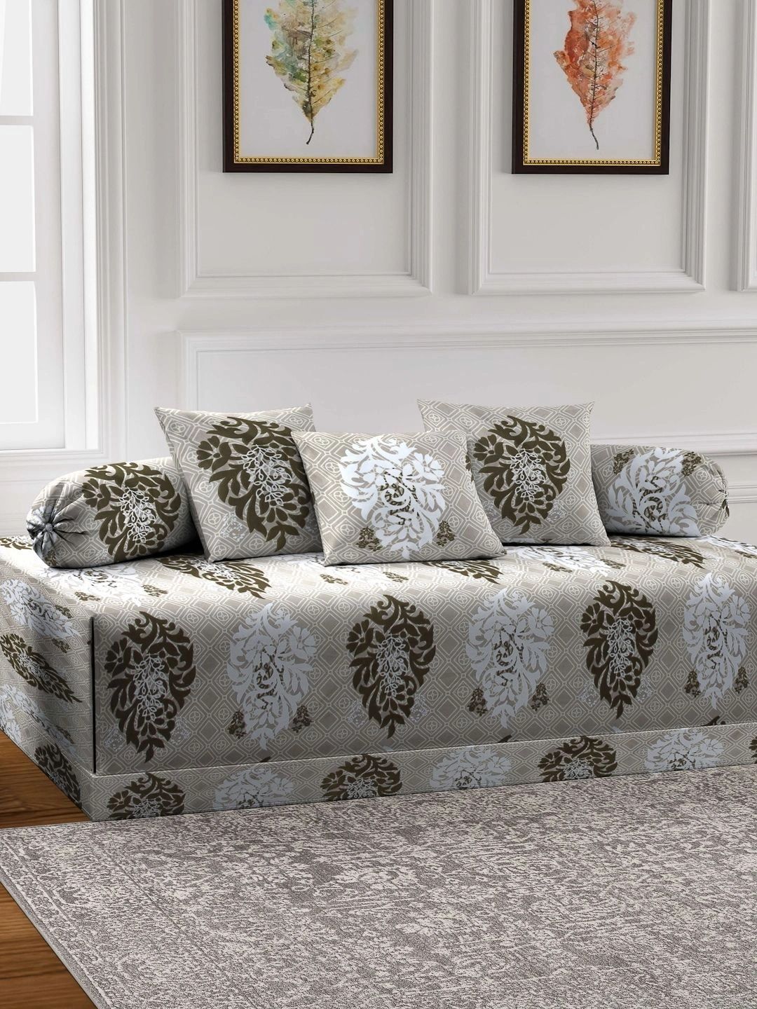 Myntra Elegant Homes 6-Pcs Grey & White Printed Bedsheet With Bolster & Cushion Covers-picture-19