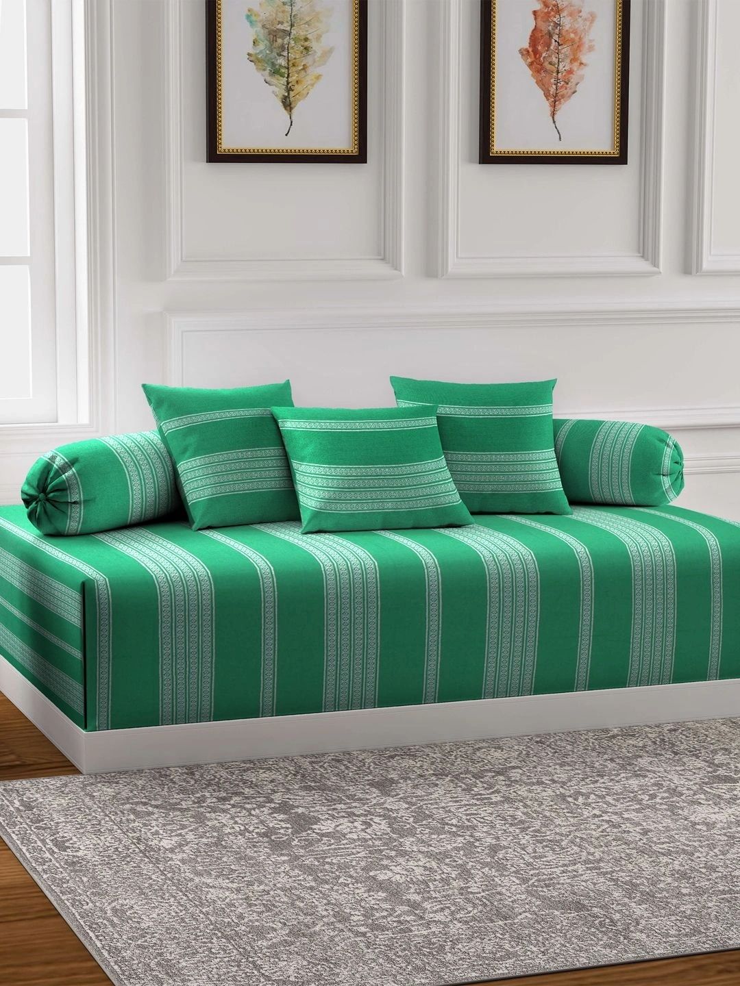 Myntra Elegant Homes 6-Pcs Green Printed Bedsheet With Bolster & Cushion Covers-image-42