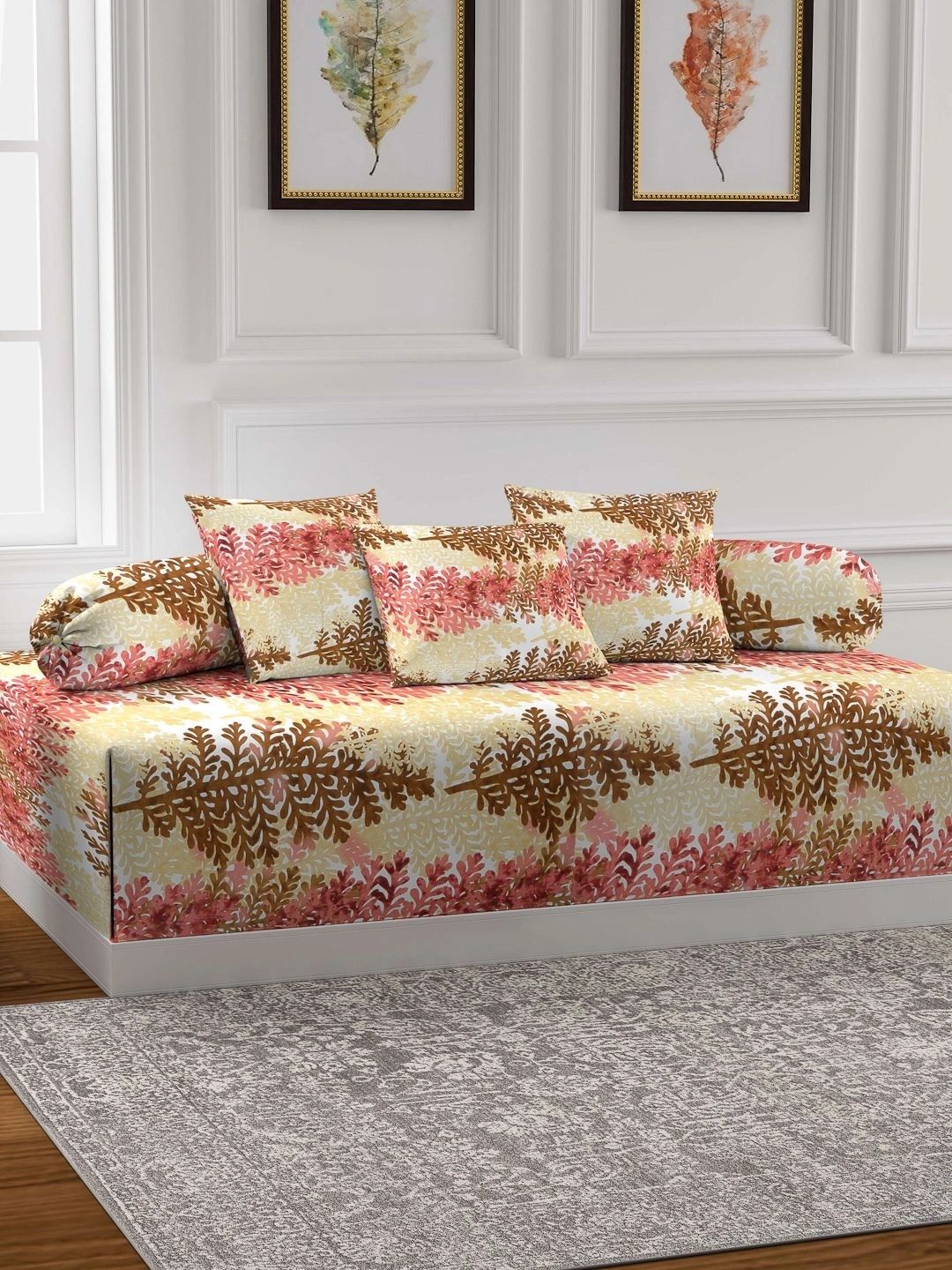 Myntra Elegant Homes 6-Pcs Cream & Brown Printed Bedsheet With Bolster & Cushion Covers-picture-25