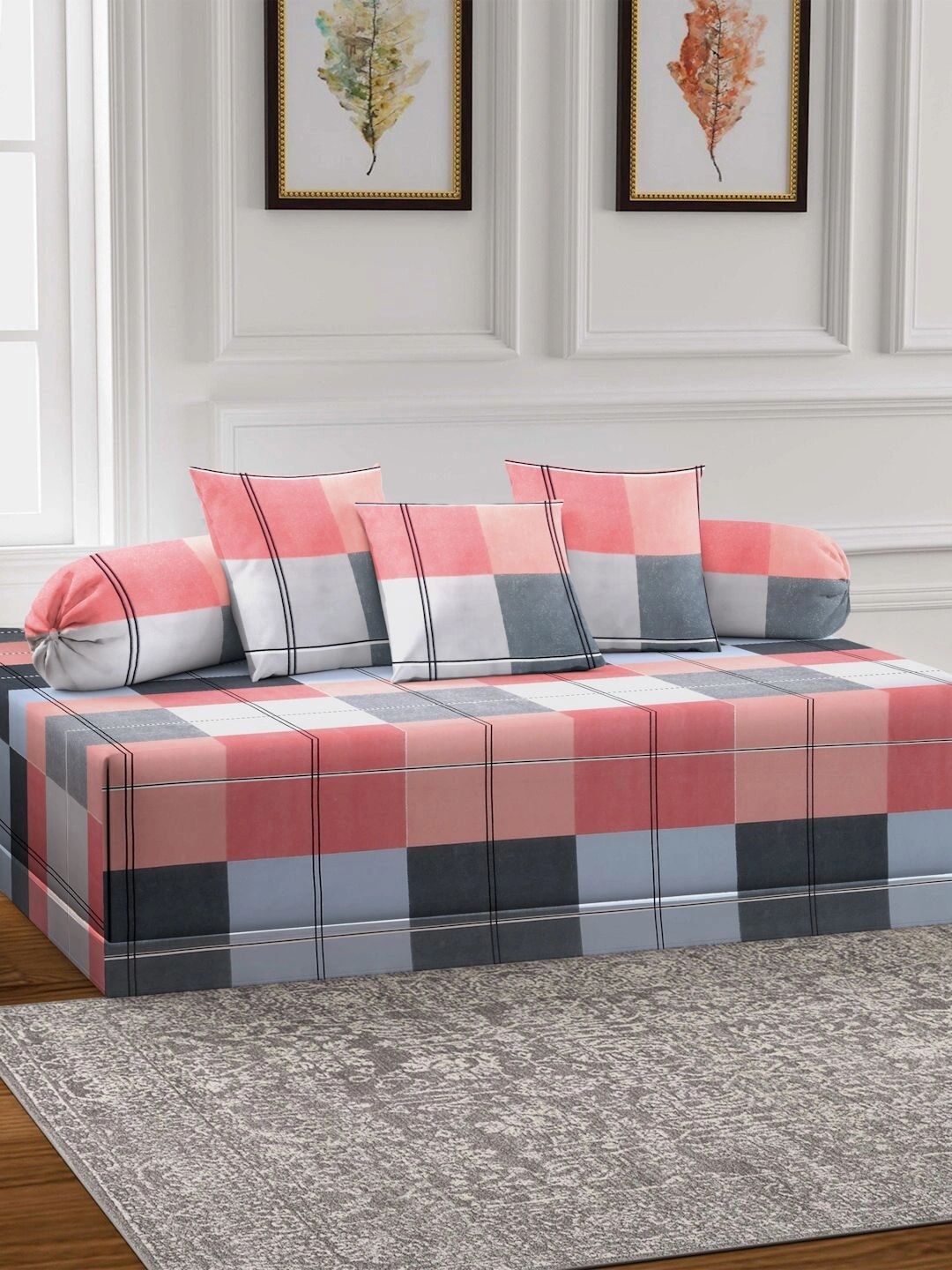 Myntra Elegant Homes 6-Pcs Pink & Grey Printed Bedsheet With Bolster & Cushion Covers-picture-21