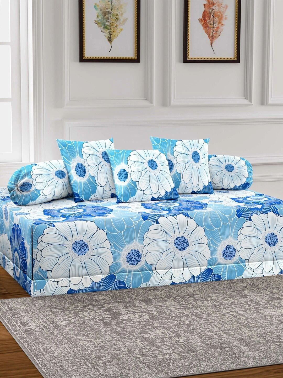 Myntra Elegant Homes 6-Pcs Blue Printed Bedsheet With Bolster & Cushion Covers-picture-21