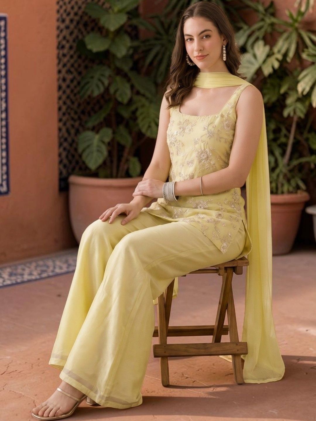Sangria Women Floral Embroidered Regular Thread Work Kurta with Palazzos & With Dupatta-picture-29